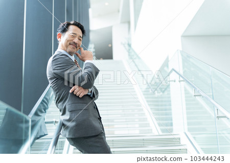 Businessman thinking on the stairs (president/manager) Businessman thinking on the stairs (president/manager) 103444243