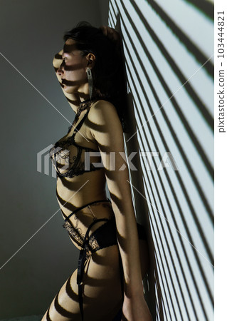 Black and white photo of a beautiful young woman in lace lingerie with a shadow pattern on the face and body in the form of stripes 103444821