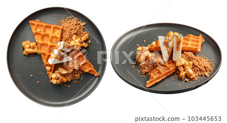 Isolated portion of waffles with ice cream Isolated portion of waffles with ice cream 103445653