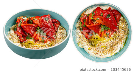 Isolated gourmet hummus bowl with baked pepper 103445656
