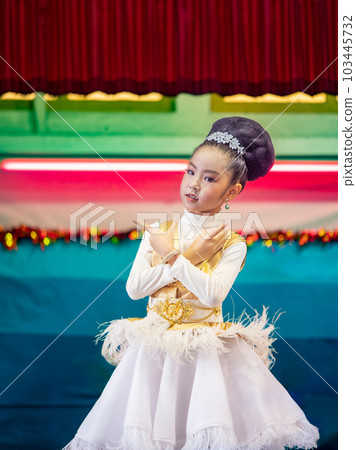 Cute little actress. child girl in Princess costume on the show in school activity day 103445732