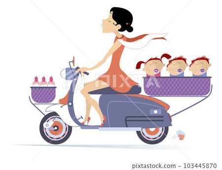 Young woman and three babies ride on the scooter.  Happy young woman ride a scooter with three babies and infant food in the basket. Isolated on white background 103445870