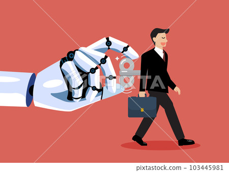 Robot hand turns on businessman with wind up key in his back 103445981