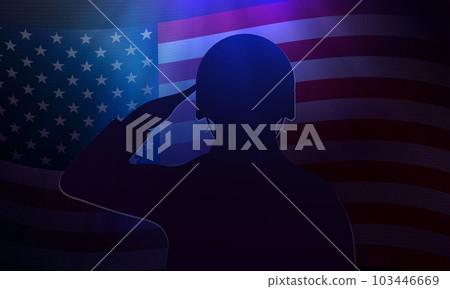 Festive illustration of USA flag, soldier silhouette Festive illustration of USA flag, soldier silhouette 103446669