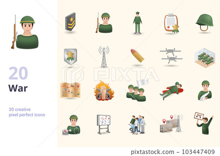 War set. Creative icons: military rank, soldier, commander, military order, helmet, army badge, transmitter, bullet, barbed wire, barracks, battle map, offensive, retreat, dead soldier, wounded War set. Creative icons: military rank, soldier, commander, military order, helmet, army badge, transmitter, bullet, barbed wire, barracks, battle map, offensive, retreat, dead soldier, wounded 103447409