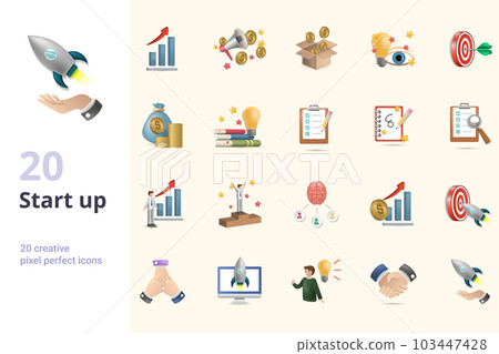 Start up set. Creative icons: growth, promotion, crowdfunding, vision, target, investment, knowledge, planning, creativity, career, succes, braistorm, profit, precision, teamwork, project launch 103447428