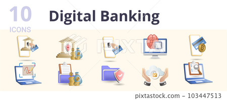 Digital banking set. Creative icons: mobile banking, banking service, e-wallet, cognitive computing, digital currency, electronic signature, invoice trading, encryption, regtech, competitor analysis. Digital banking set. Creative icons: mobile banking, banking service, e-wallet, cognitive computing, digital currency, electronic signature, invoice trading, encryption, regtech, competitor analysis. 103447513