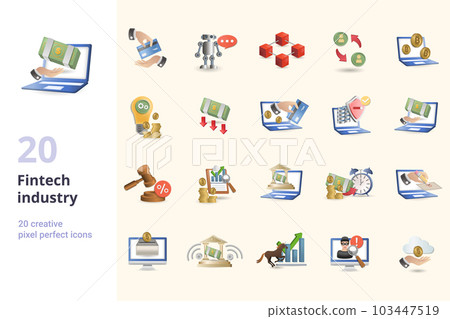 Fintech industry set. Creative icons: direct payment, robo advisor, blockchain technology, peer-to-peer, bitcoin technology, fintech innovation, basic income, digital wallet, personal data protection 103447519