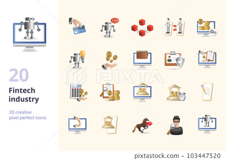 Fintech industry set. Creative icons: direct payment, robo advisor, blockchain technology, peer-to-peer, bitcoin technology, fintech innovation, basic income, digital wallet, personal data protection Fintech industry set. Creative icons: direct payment, robo advisor, blockchain technology, peer-to-peer, bitcoin technology, fintech innovation, basic income, digital wallet, personal data protection 103447520