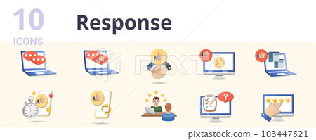 Response set. Creative icons: chat, testimonials, reliable, dislike, like, quick response, positive feedback, customer experience, online survey, rating. Response set. Creative icons: chat, testimonials, reliable, dislike, like, quick response, positive feedback, customer experience, online survey, rating. 103447521