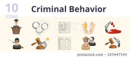 Criminal behavior set. Creative icons: prisoner, thief, hacker, police officer, detective, jail, corruption, witness, law, evidence, judge, handcuffs, fingerprint, coroner, murder, war crime 103447544