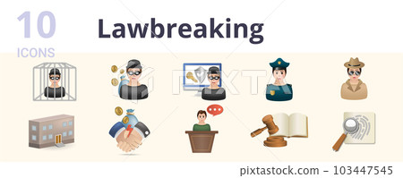 Lawbreaker set. Creative icons: prisoner, thief, hacker, police officer, detective, jail, corruption, witness, law, evidence. Lawbreaker set. Creative icons: prisoner, thief, hacker, police officer, detective, jail, corruption, witness, law, evidence. 103447545