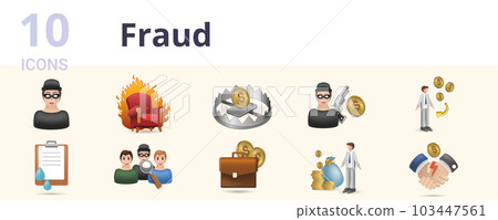 Fraud set. Creative icons: masked, hot seat, trap, bandit, venal, data leakage, latent, money bag, rich shortcut, corruption. 103447561