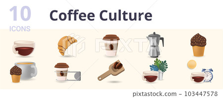 Coffee culture set. Creative icons: espresso, croissant, coffee to go, moka pot, cupcake, coffee break, coffee holder, coffee scoop, coffee tree, morning coffee. Coffee culture set. Creative icons: espresso, croissant, coffee to go, moka pot, cupcake, coffee break, coffee holder, coffee scoop, coffee tree, morning coffee. 103447578