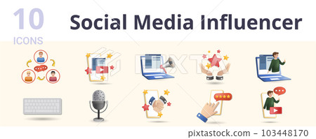 Social media influencer set. Creative icons: communication, video, advertisement, fame, blog, keyboard, microphone, brand collaboration, rating, blogger. Social media influencer set. Creative icons: communication, video, advertisement, fame, blog, keyboard, microphone, brand collaboration, rating, blogger. 103448170