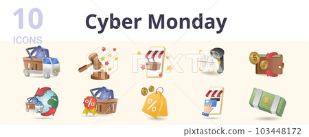 Cyber monday set. Creative icons: delivery car, auction, mobile shopping, barcode scanner, cash back, worldwide delivery, best seller, special offer, digital wallet, cash. Cyber monday set. Creative icons: delivery car, auction, mobile shopping, barcode scanner, cash back, worldwide delivery, best seller, special offer, digital wallet, cash. 103448172