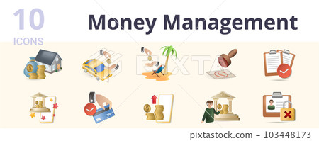 Money management set. Creative icons: wealth, car redit, travel credit, stamp, approved, mobile banking, payment, send funds, save funds, account blocking, coin, money, wallet. 103448173