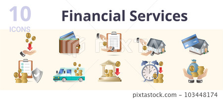 Financial services set. Creative icons: income, purse, loan, mortgage, crediting, saving plan, encashment, deposit, installments, own funds. 103448174