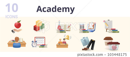 Academy set. Creative icons: newtons apple, logic games, chemistry, math, drawing, reading books, timetable, call to class, school uniform, lunch to go. 103448175