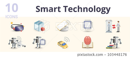 Smart technology set. Creative icons: virtual reality helmet, 3d printer, wireless charging, processor, teleportation, autopilot, ai robot, autonomous, cognitive science, machine learning. Smart technology set. Creative icons: virtual reality helmet, 3d printer, wireless charging, processor, teleportation, autopilot, ai robot, autonomous, cognitive science, machine learning. 103448176