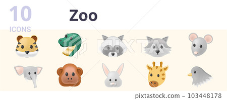 Zoo set. Creative icons: tiger, snake, raccoon, wolf, mouse, elephant, monkey, hare, zebra, dove. Zoo set. Creative icons: tiger, snake, raccoon, wolf, mouse, elephant, monkey, hare, zebra, dove. 103448178