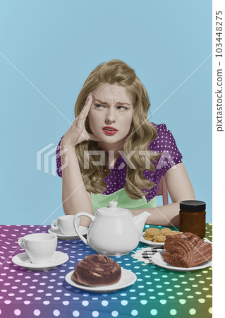 Portrait of young beautiful girl sitting at the table with pensive face. Retro blond. Rainbow style palette. Concept of beauty, retro style, fashion 103448275