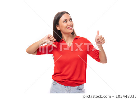 young brunette lady dressed in a red t-shirt shows like and dislike young brunette lady dressed in a red t-shirt shows like and dislike 103448335