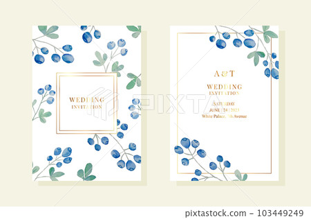 Wedding pemplates with watercolor blueberries and leaves. Gold frames 103449249