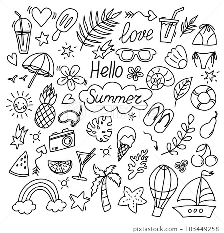 Summer doodles icon set. Hand drawn lines icons collection. Set of summer beach items. Summer doodles icon set. Hand drawn lines icons collection. Set of summer beach items. 103449258