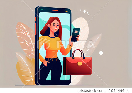 Woman buying or ordering from Online shopping store on smartphone with Generative Ai. 103449644