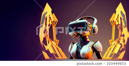 Cartoon character with VR headset glasses for futuristic playing Video games in high technology virtual world with Generative AI. 103449933