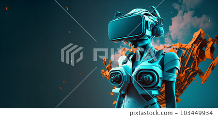Cartoon character with VR headset glasses for futuristic playing Video games in high technology virtual world with Generative AI. 103449934