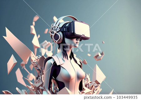 Cartoon character with VR headset glasses for futuristic playing Video games in high technology virtual world with Generative AI. 103449935