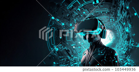 Cartoon character with VR headset glasses for futuristic playing Video games in high technology virtual world with Generative AI. 103449936