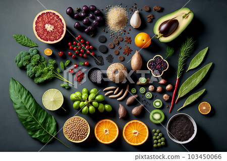 Healthy green organic food with different vegetables on table. Clean food including of Herbs, leaf, fruits and spices with Generative AI. 103450066