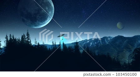 Futuristic design for wallpaper, background, poster with giant moon image at dark sky with UFO and human falling. Forest landscape 103450100