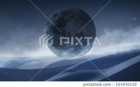 Silence. Futuristic artwork. Giant moon over dark sky in desert. Dawn, foggy landscape. Creative design for wallpaper. background, poster 103450120