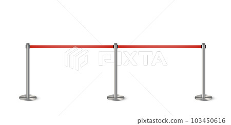 Metal column barrier with red rope. Silver luxury VIP design element for exhibition pavilion, auto show, theatre and cinema premier, winner reward ceremony. Guard object isolated on white background. 103450616