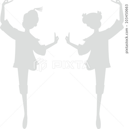 兩名芭蕾舞演員跳胡桃夾子中國舞的淺灰色剪影 兩名芭蕾舞演員跳胡桃夾子中國舞的淺灰色剪影 103450663
