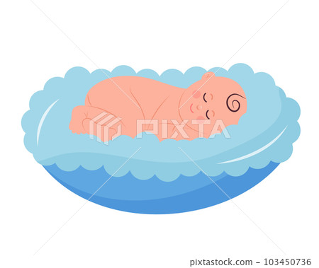 A newborn baby sleeping in a soft cradle. Baby bedtime. Flat cartoon vector illustration. A newborn baby sleeping in a soft cradle. Baby bedtime. Flat cartoon vector illustration. 103450736