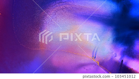 Blue dye spreads on lilac paint background. Blue colorful wave flow on shiny bright purple-pink ink abstract backdrop. Liquid motion art. Magenta-blue fluid splash flowing. Vivid texture. Neon artwork Blue dye spreads on lilac paint background. Blue colorful wave flow on shiny bright purple-pink ink abstract backdrop. Liquid motion art. Magenta-blue fluid splash flowing. Vivid texture. Neon artwork 103451012