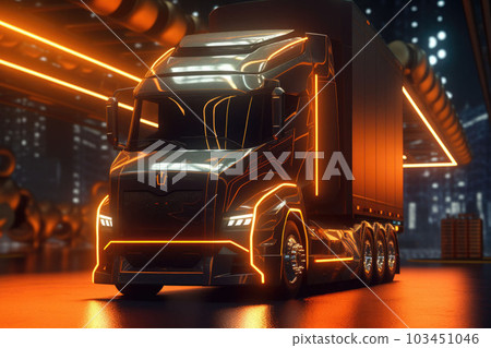 Electric truck in a futuristic environment. Truck with neon lights. Generative AI Electric truck in a futuristic environment. Truck with neon lights. Generative AI 103451046