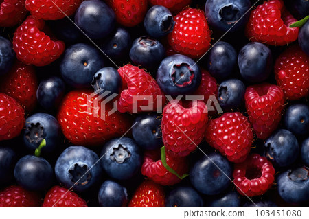 Berries closeup colorful assorted mix of strawberry, blueberry, raspberry, blackberry. Generative AI 103451080