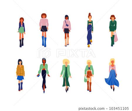 Collection of stylish young women dressed in trendy clothes. Vector fashion illustration. 103451105