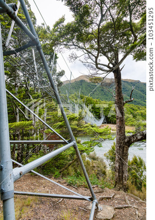 Swing bridge over Mararoa River at South Island New Zealand Swing bridge over Mararoa River at South Island New Zealand 103451295