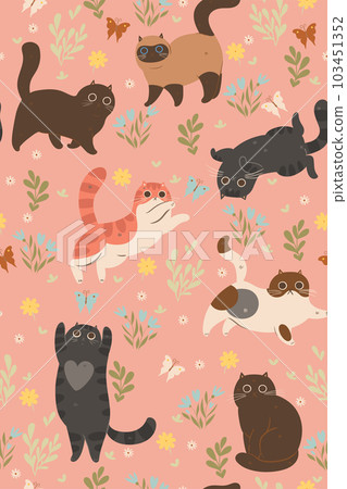 Seamless pattern of cute kittens and butterflies. Vector graphics. 103451352