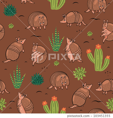 Seamless pattern with cute armadillos in the desert. Vector graphics. Seamless pattern with cute armadillos in the desert. Vector graphics. 103451355