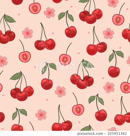 Seamless pattern with cherries and flowers. Vector graphics. 103451362