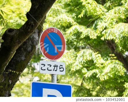 路標。這個標誌（監管標誌）“禁止停車”和輔助標誌“開始”。 103452001