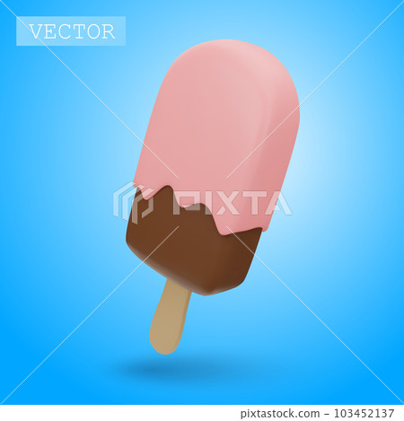 3D render of chocolate popsicle with pink icing and sprinkling. Fast food, sweet, summer dessert. Bright Illustration in cartoon, plastic, clay 3D style. Isolated on a white background. 3D render of chocolate popsicle with pink icing and sprinkling. Fast food, sweet, summer dessert. Bright Illustration in cartoon, plastic, clay 3D style. Isolated on a white background. 103452137